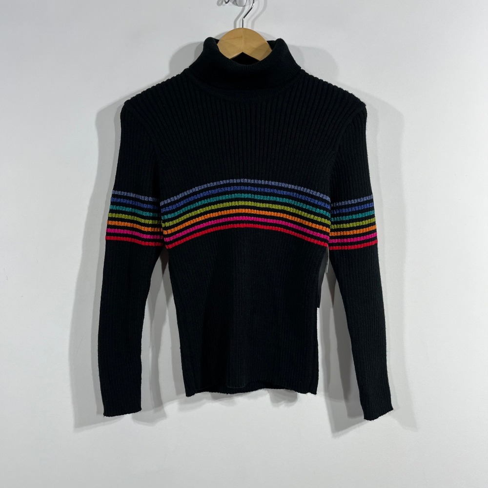 by design VTG 90s Rainbow Stripe Ribbed Turtleneck Sweater Medium Preppy Boho